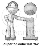 Poster, Art Print Of Sketch Firefighter Fireman Man With Info Symbol Leaning Up Against It