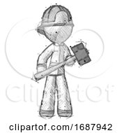 Poster, Art Print Of Sketch Firefighter Fireman Man With Sledgehammer Standing Ready To Work Or Defend