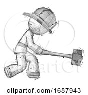 Poster, Art Print Of Sketch Firefighter Fireman Man Hitting With Sledgehammer Or Smashing Something