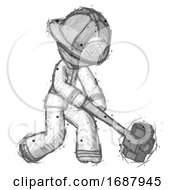 Poster, Art Print Of Sketch Firefighter Fireman Man Hitting With Sledgehammer Or Smashing Something At Angle