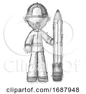 Poster, Art Print Of Sketch Firefighter Fireman Man With Large Pencil Standing Ready To Write