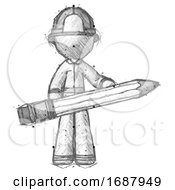 Poster, Art Print Of Sketch Firefighter Fireman Man Writer Or Blogger Holding Large Pencil