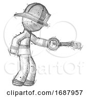Poster, Art Print Of Sketch Firefighter Fireman Man With Big Key Of Gold Opening Something
