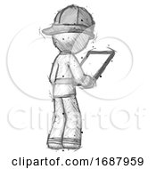 Poster, Art Print Of Sketch Firefighter Fireman Man Looking At Tablet Device Computer Facing Away
