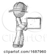 Poster, Art Print Of Sketch Firefighter Fireman Man Show Tablet Device Computer To Viewer Blank Area