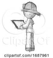 Poster, Art Print Of Sketch Firefighter Fireman Man Looking At Tablet Device Computer With Back To Viewer