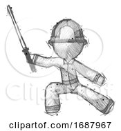 Sketch Firefighter Fireman Man With Ninja Sword Katana In Defense Pose