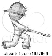 Poster, Art Print Of Sketch Firefighter Fireman Man With Ninja Sword Katana Slicing Or Striking Something
