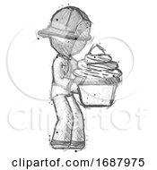 Poster, Art Print Of Sketch Firefighter Fireman Man Holding Large Cupcake Ready To Eat Or Serve