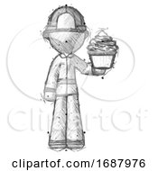 Poster, Art Print Of Sketch Firefighter Fireman Man Presenting Pink Cupcake To Viewer