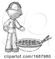 Poster, Art Print Of Sketch Firefighter Fireman Man And Noodle Bowl Giant Soup Restaraunt Concept