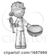 Poster, Art Print Of Sketch Firefighter Fireman Man With Empty Bowl And Spoon Ready To Make Something