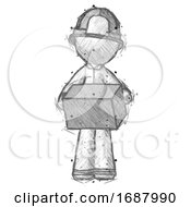 Poster, Art Print Of Sketch Firefighter Fireman Man Holding Box Sent Or Arriving In Mail