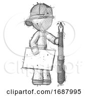 Poster, Art Print Of Sketch Firefighter Fireman Man Holding Large Envelope And Calligraphy Pen