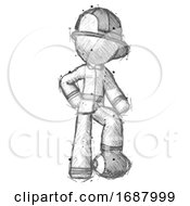 Poster, Art Print Of Sketch Firefighter Fireman Man Standing With Foot On Football