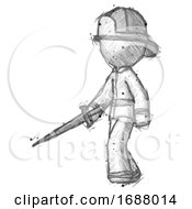 Poster, Art Print Of Sketch Firefighter Fireman Man With Sword Walking Confidently