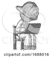 Poster, Art Print Of Sketch Firefighter Fireman Man Using Laptop Computer While Sitting In Chair Angled Right