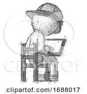 Poster, Art Print Of Sketch Firefighter Fireman Man Using Laptop Computer While Sitting In Chair View From Back