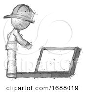 Poster, Art Print Of Sketch Firefighter Fireman Man Using Large Laptop Computer Side Orthographic View