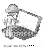 Poster, Art Print Of Sketch Firefighter Fireman Man Using Large Laptop Computer