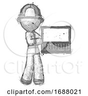 Poster, Art Print Of Sketch Firefighter Fireman Man Holding Laptop Computer Presenting Something On Screen