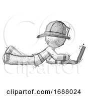 Poster, Art Print Of Sketch Firefighter Fireman Man Using Laptop Computer While Lying On Floor Side View