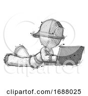 Poster, Art Print Of Sketch Firefighter Fireman Man Using Laptop Computer While Lying On Floor Side Angled View