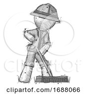 Poster, Art Print Of Sketch Explorer Ranger Man Cleaning Services Janitor Sweeping Floor With Push Broom