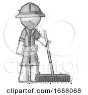 Sketch Explorer Ranger Man Standing With Industrial Broom