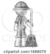 Poster, Art Print Of Sketch Explorer Ranger Man Standing With Broom Cleaning Services