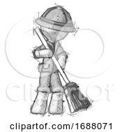 Poster, Art Print Of Sketch Explorer Ranger Man Sweeping Area With Broom