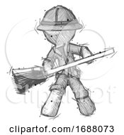 Poster, Art Print Of Sketch Explorer Ranger Man Broom Fighter Defense Pose