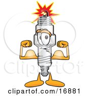 Spark Plug Mascot Cartoon Character Flexing His Arm Muscles