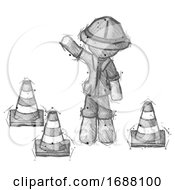 Sketch Explorer Ranger Man Standing By Traffic Cones Waving