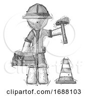 Poster, Art Print Of Sketch Explorer Ranger Man Under Construction Concept Traffic Cone And Tools