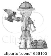 Poster, Art Print Of Sketch Explorer Ranger Man Holding Drill Ready To Work Toolchest And Tools To Right