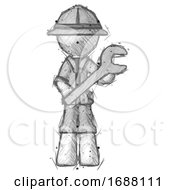 Poster, Art Print Of Sketch Explorer Ranger Man Holding Large Wrench With Both Hands