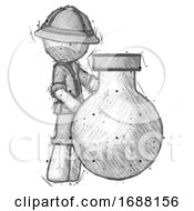 Poster, Art Print Of Sketch Explorer Ranger Man Standing Beside Large Round Flask Or Beaker