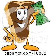 Clipart Picture Of A Meat Beef Steak Mascot Cartoon Character Waving A Green Dollar Bill by Mascot Junction