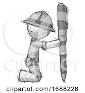 Poster, Art Print Of Sketch Explorer Ranger Man Posing With Giant Pen In Powerful Yet Awkward Manner
