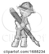 Poster, Art Print Of Sketch Explorer Ranger Man Drawing Or Writing With Large Calligraphy Pen