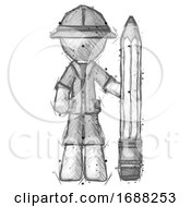 Poster, Art Print Of Sketch Explorer Ranger Man With Large Pencil Standing Ready To Write