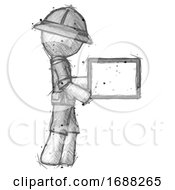 Poster, Art Print Of Sketch Explorer Ranger Man Show Tablet Device Computer To Viewer Blank Area