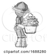 Poster, Art Print Of Sketch Explorer Ranger Man Holding Large Cupcake Ready To Eat Or Serve