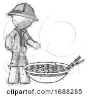 Poster, Art Print Of Sketch Explorer Ranger Man And Noodle Bowl Giant Soup Restaraunt Concept