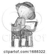 Poster, Art Print Of Sketch Explorer Ranger Man Using Laptop Computer While Sitting In Chair View From Back