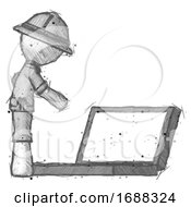 Poster, Art Print Of Sketch Explorer Ranger Man Using Large Laptop Computer Side Orthographic View