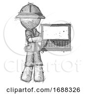 Poster, Art Print Of Sketch Explorer Ranger Man Holding Laptop Computer Presenting Something On Screen