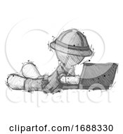 Poster, Art Print Of Sketch Explorer Ranger Man Using Laptop Computer While Lying On Floor Side Angled View