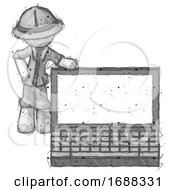 Poster, Art Print Of Sketch Explorer Ranger Man Beside Large Laptop Computer Leaning Against It